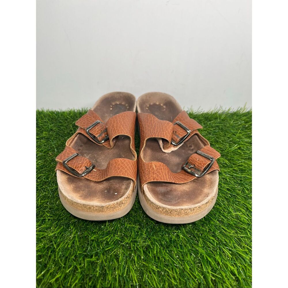 Mephisto Brown Leather Sandals Size 39 Women’s Comfort Slide Double Strap Cork - Picture 2 of 10